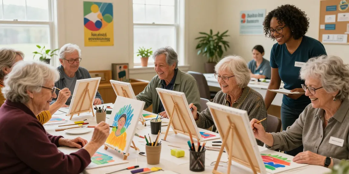Dementia haldimand support workshop with seniors painting together in a warm community center.