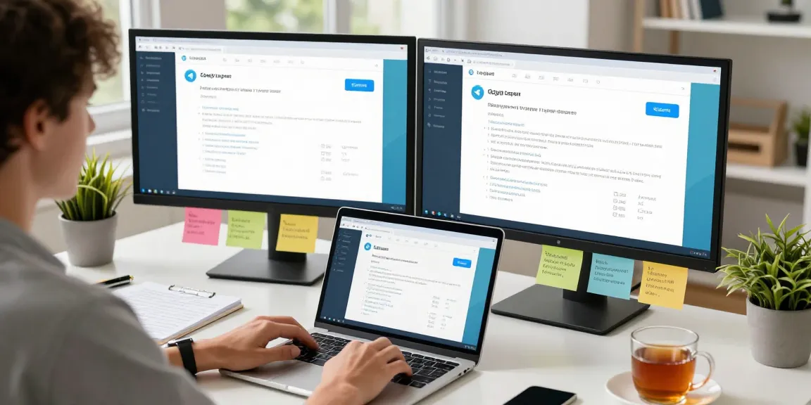 Setting up Telegram Chinese language settings on a laptop in a bright home office.