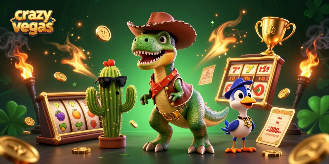 Experience the thrill of winning at crazyvegas with a cartoon T-Rex in vibrant casino action.