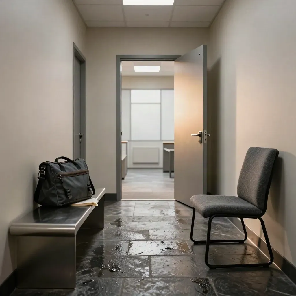 Empty mediation hallway with chairs, bench bag, and a door opening a crack