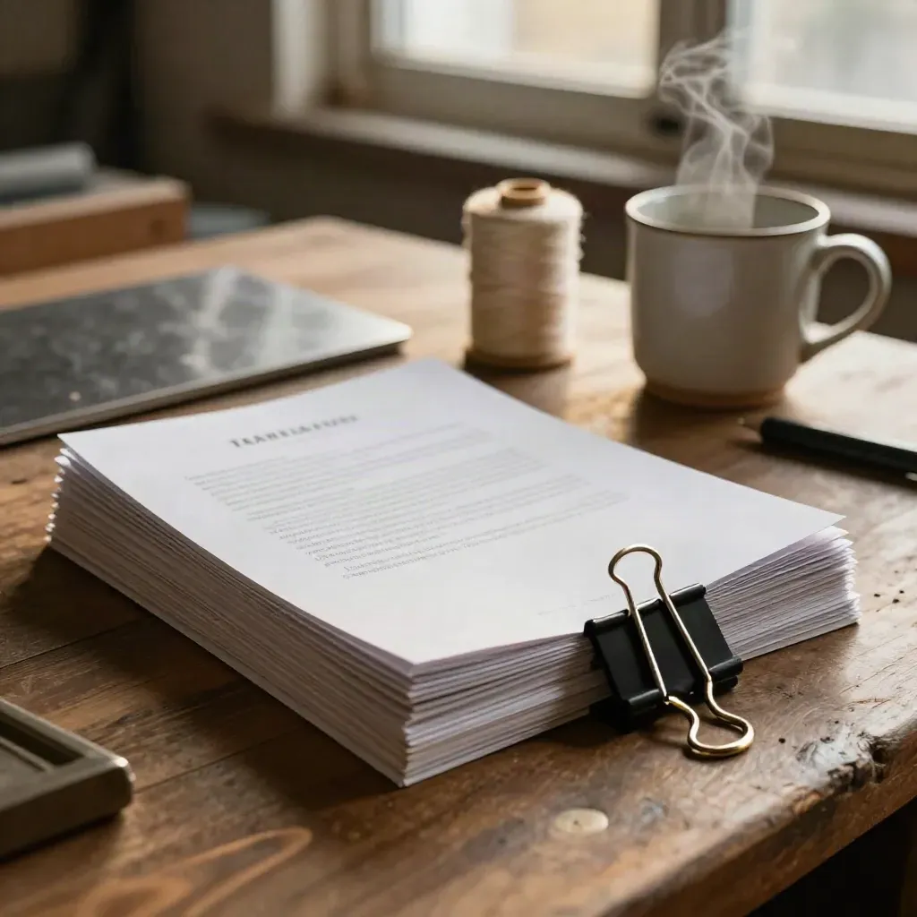 Contract packets, steel sample board, thread spool and steaming mug on a workshop table.