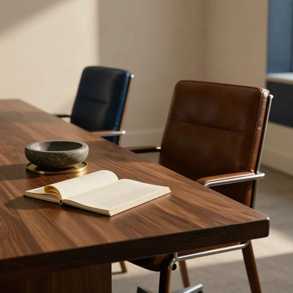 Empty boardroom with pushed-back chairs, a turned-over notepad and stone bowl on a walnut table.