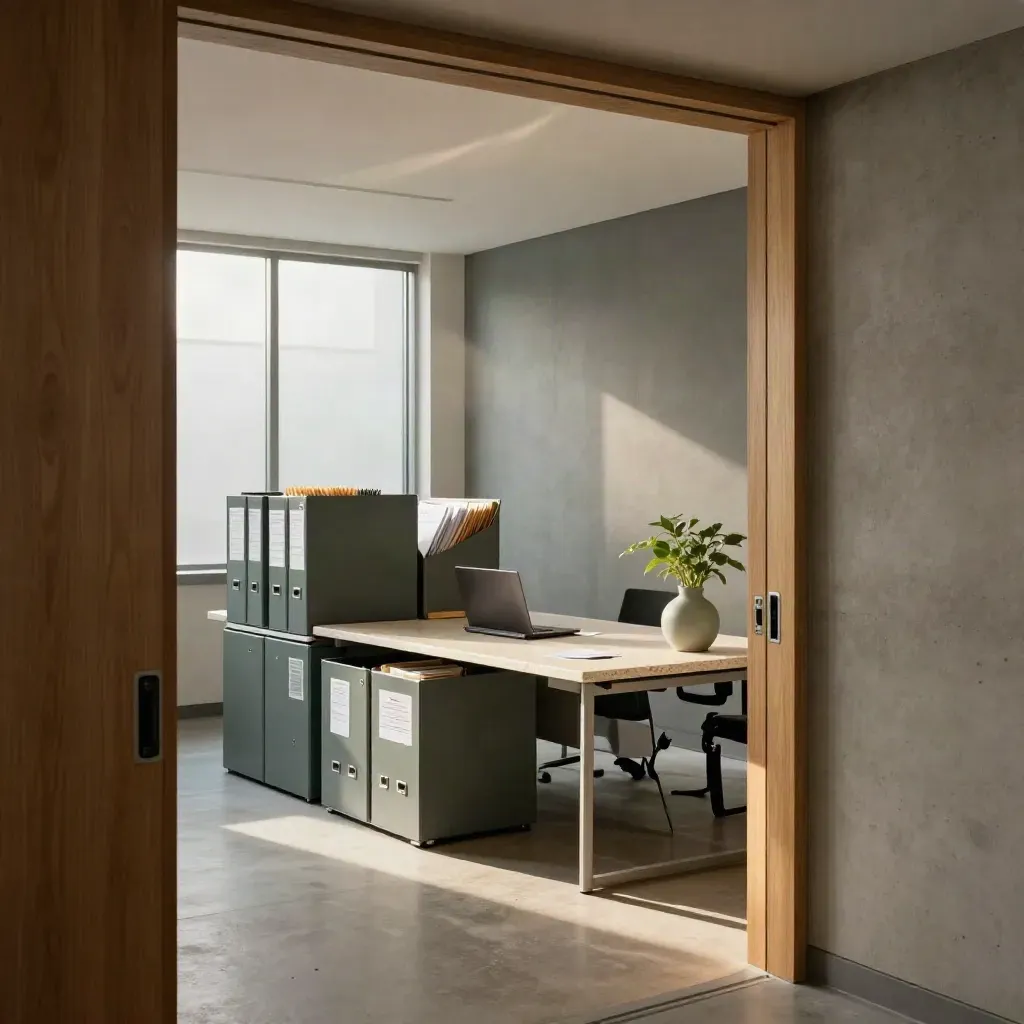 Startup office with incorporation files, archive boxes, closed laptop and plant in morning light.