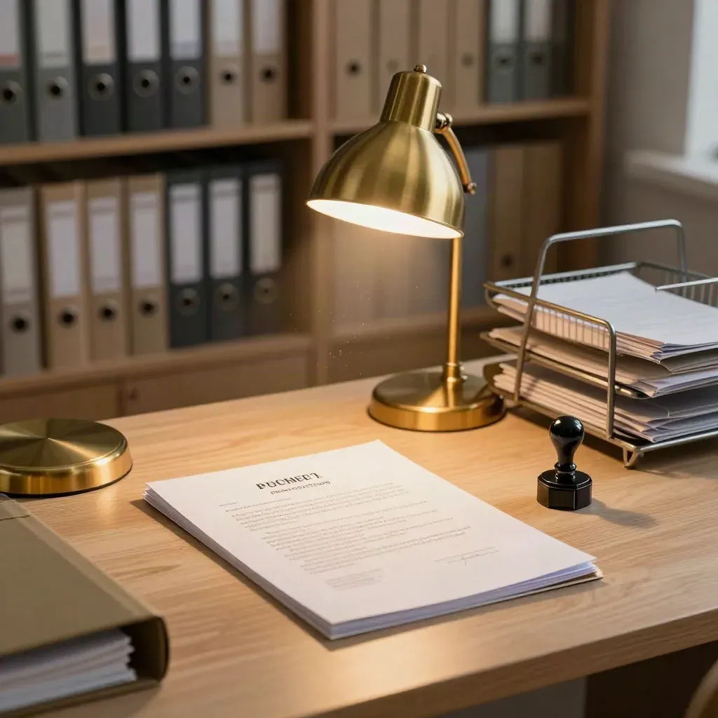 Desk lamp clicks on over compliance binders, folder, and audit stamp in a calm legal office.