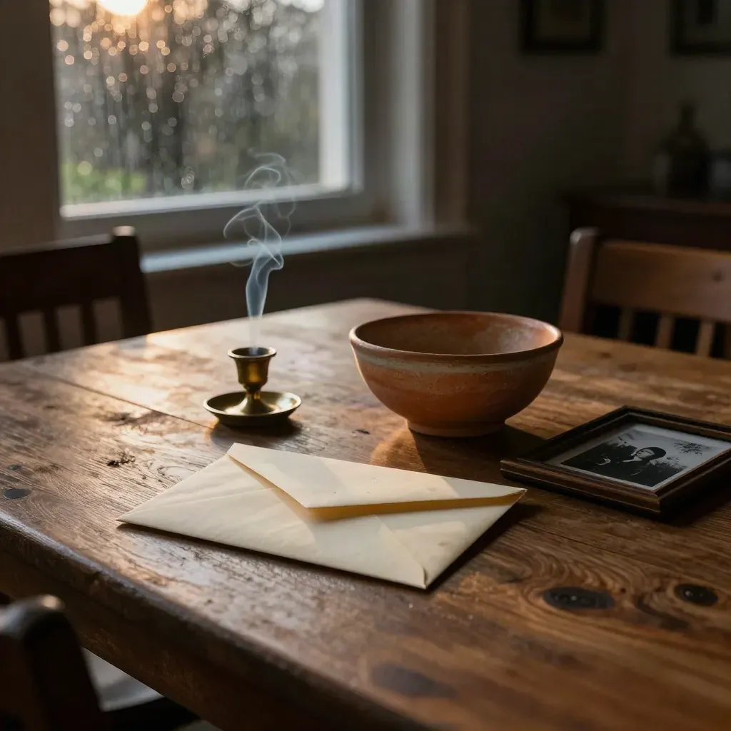 Family dining table with estate envelope, candle smoke, face-down photo, rain on the window