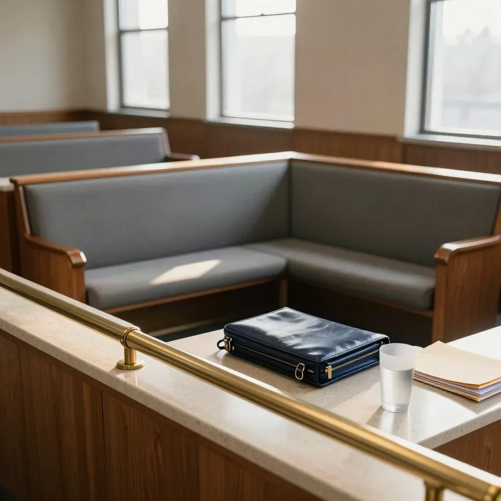 Empty courtroom with bench, brass rail, and a closed navy brief in morning light