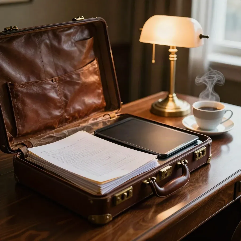 Warm hotel desk with briefcase, legal file bundle, steam, and brass lamp glow.