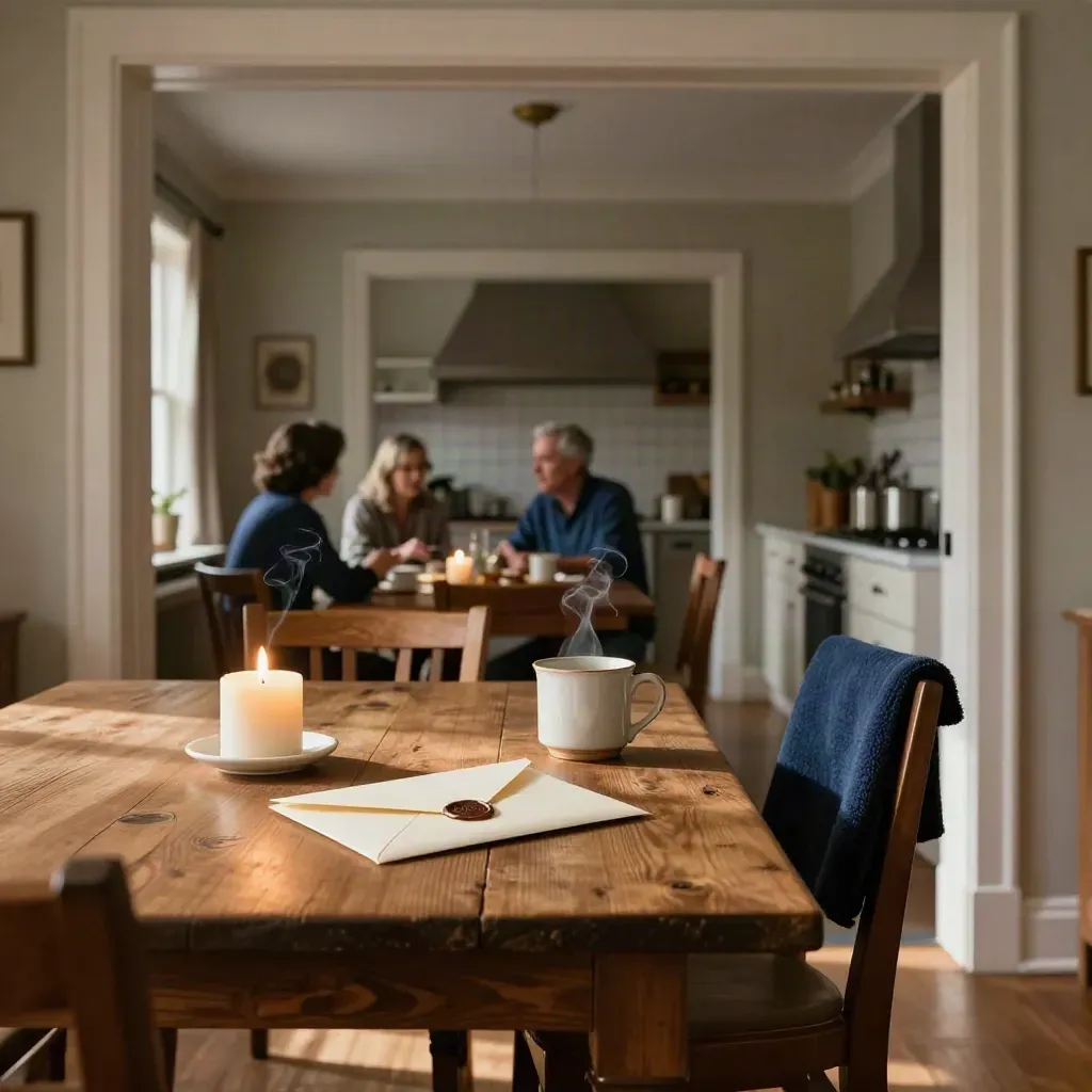 Warm dining room table with candle, estate envelope, two mugs, and a navy throw in soft light.