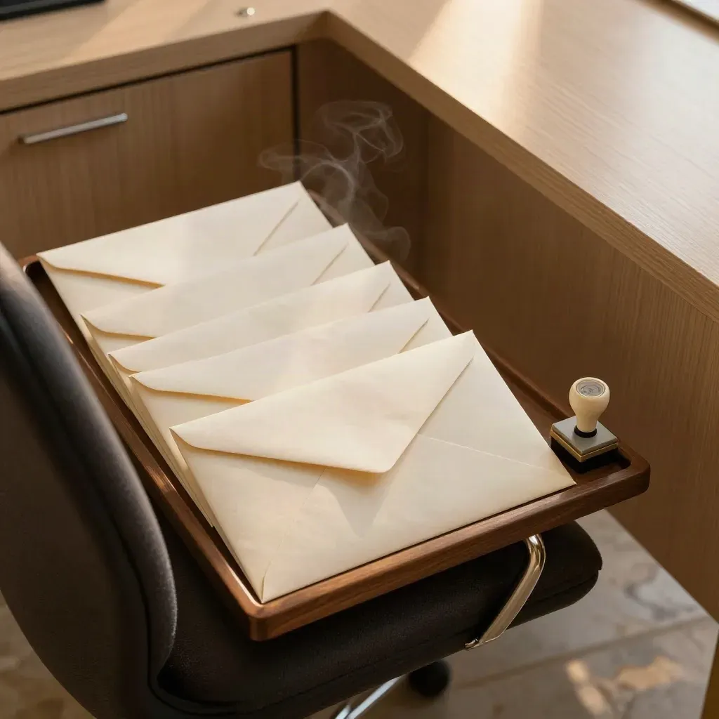 Sealed envelopes, office stamp, and chair back in a quiet legal office scene.