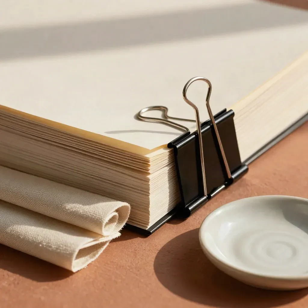 Binder clip pinning a cream case file beside linen and a ceramic dish on terracotta plaster
