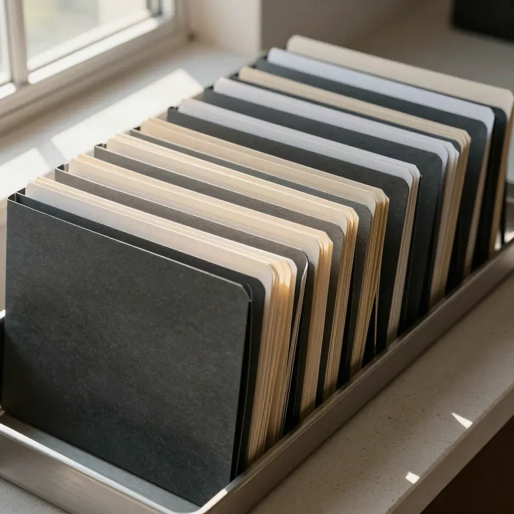 Province folders laid out on a counter in bright morning light, viewed from above.