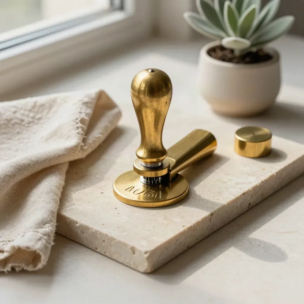 Brass seal embosser on stone tray with linen cloth and small plant, top-down legal still-life.