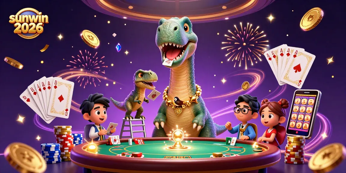 Experience the excitement at sunwin 2026 with a dynamic 3D illustration of a dinosaur-themed casino scene.