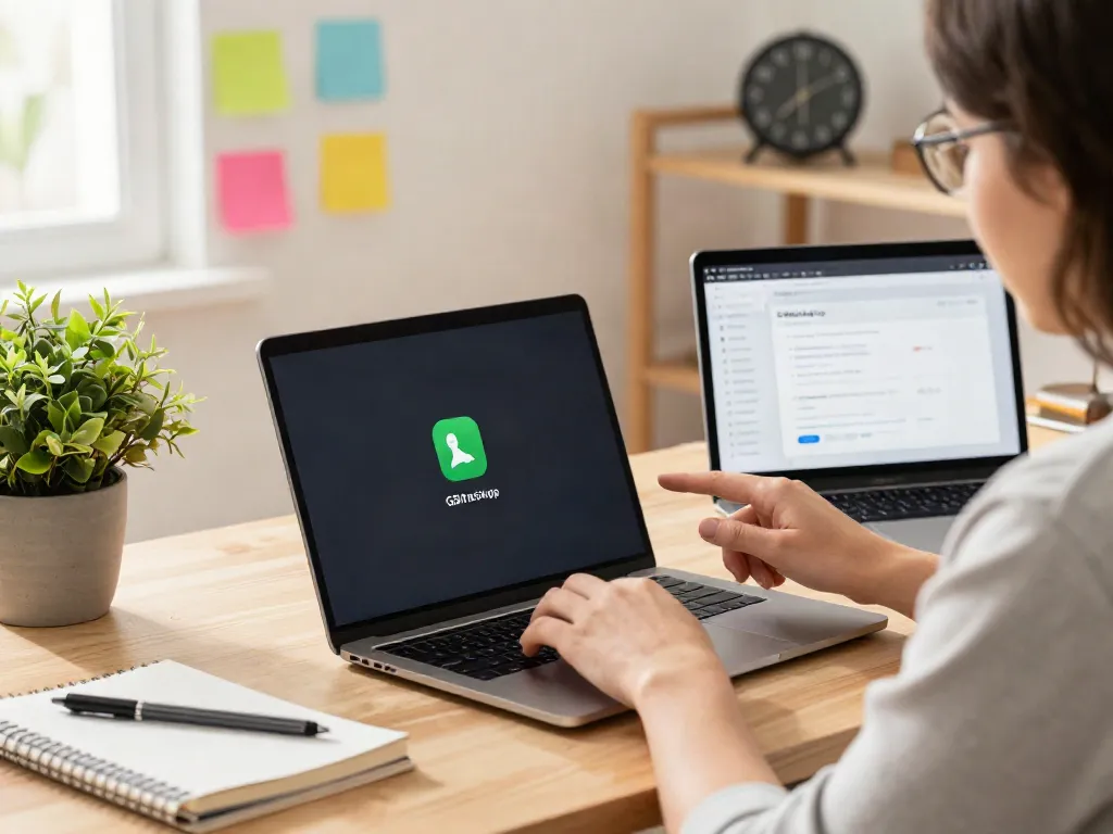 Tech-savvy user engaging with GBWhatsApp on their smartphone, showcasing vibrant personal workspace.